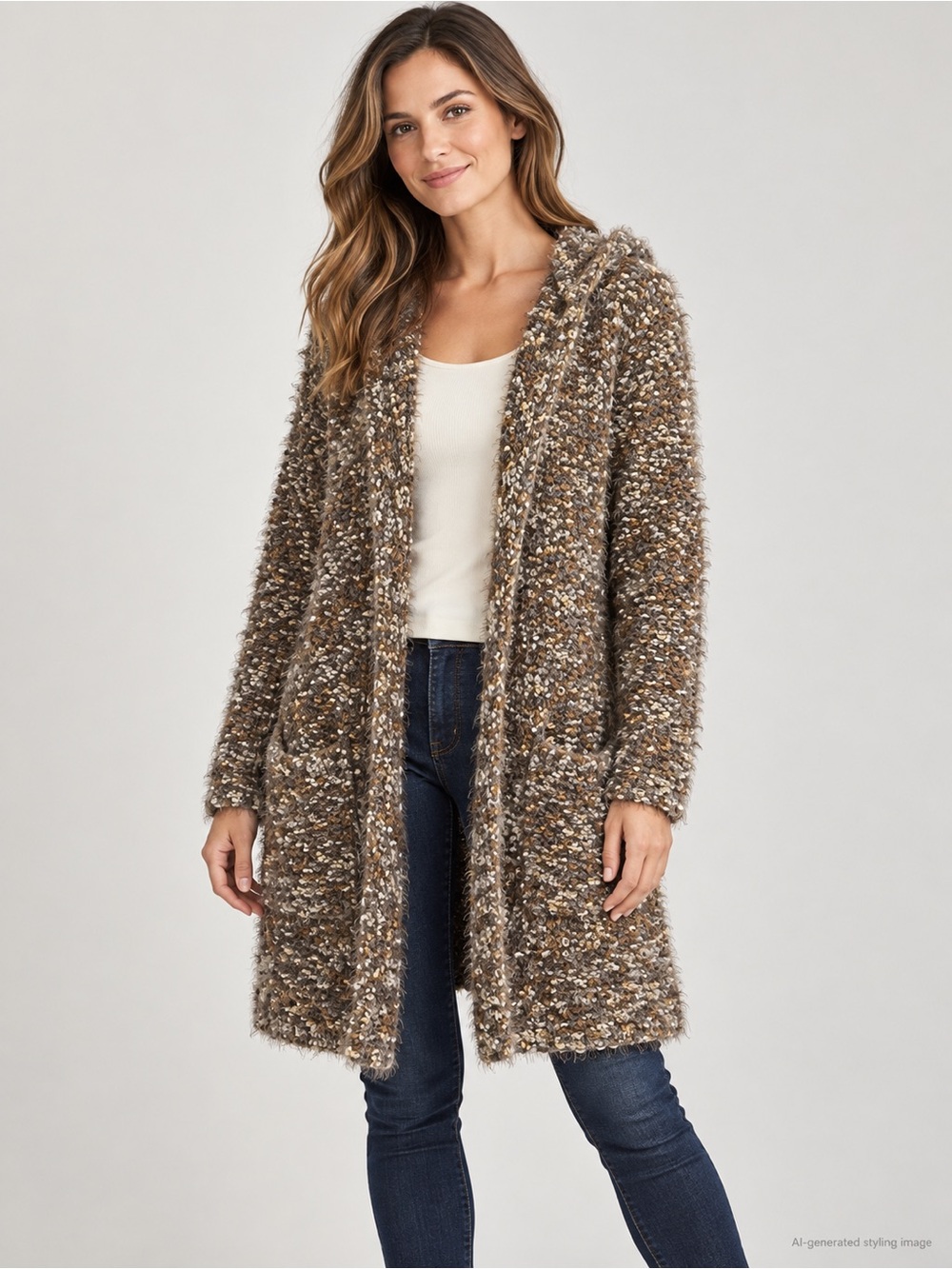 Tribal Hooded Bouclé Open-Front Long Cardigan – XS